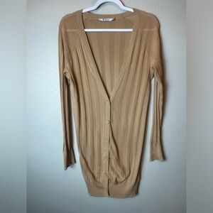 T By Alexander Wang Tan Ribbed Longline Button Down Cardigan Size XS